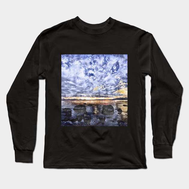 Rocky Rivers Cloudy Landscape HDR Abstract Photo Sketch Long Sleeve T-Shirt by Aventi